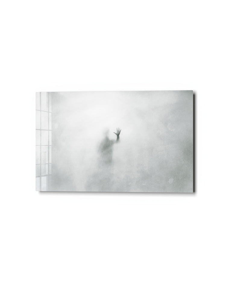 Figure in the Fog glass wall art, studio view