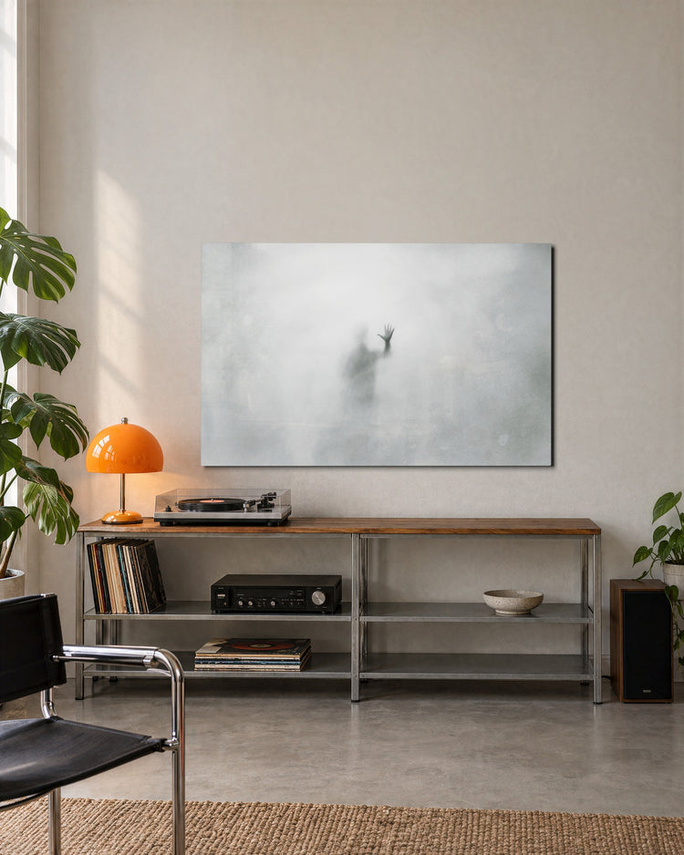 Figure in the Fog glass wall art, lifestyle view