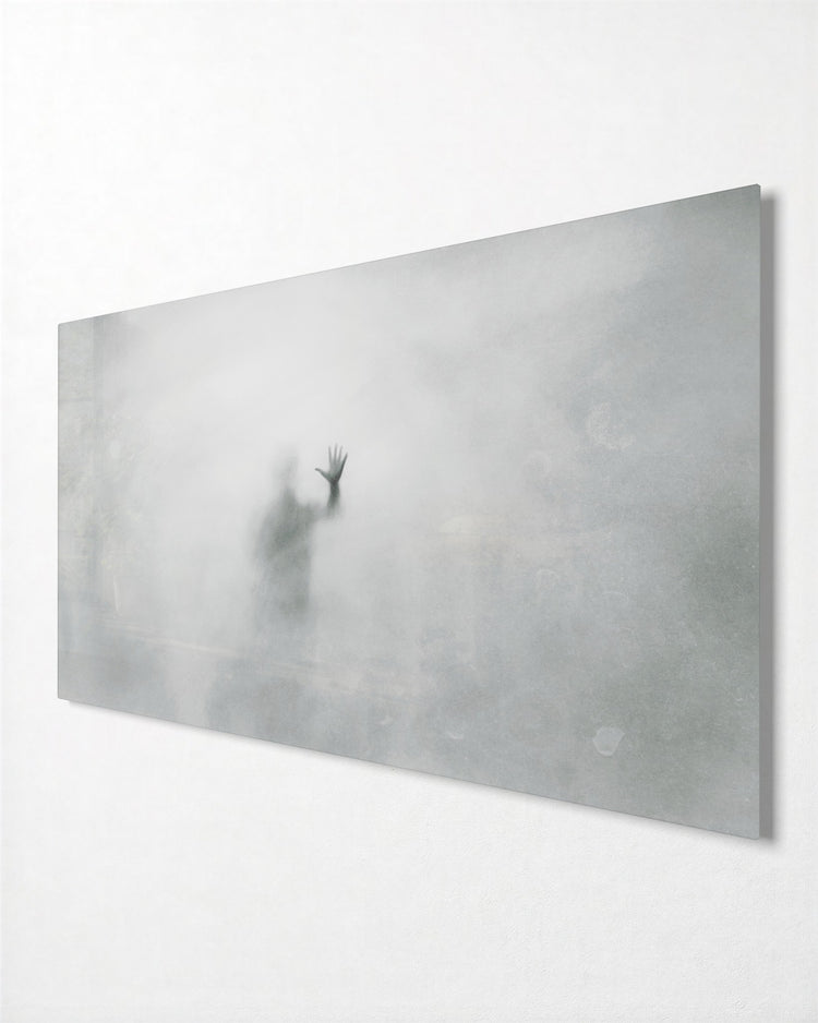 Figure in the Fog glass wall art, side view
