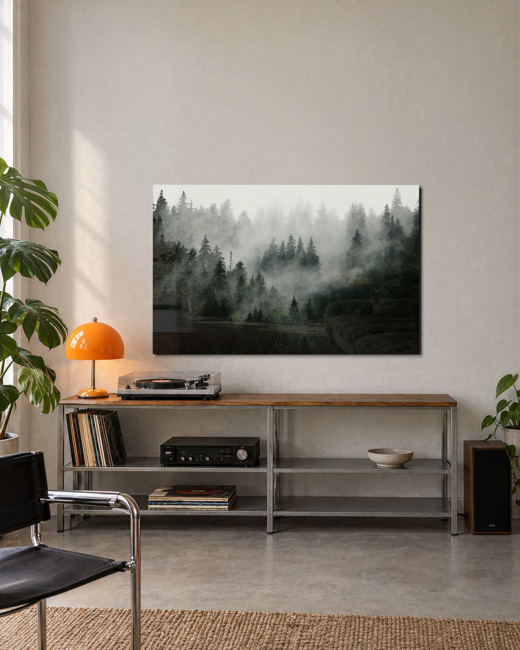 Pines in the Fog glass wall art, lifestyle view