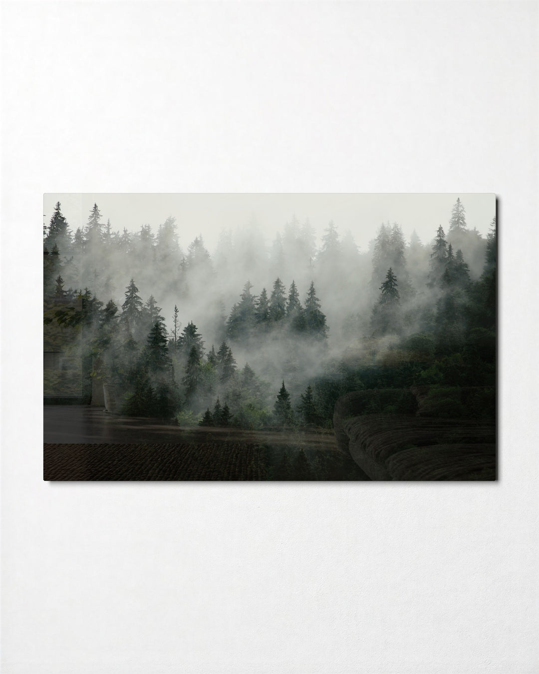 Pines in the Fog glass wall art, front view