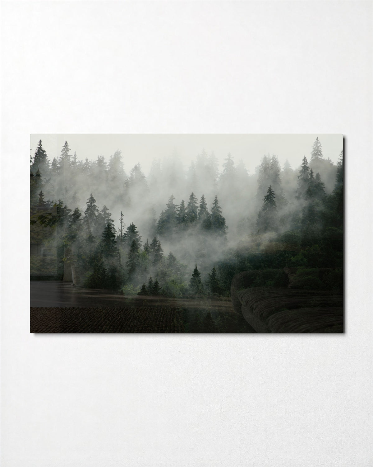 Pines in the Fog glass wall art, front view