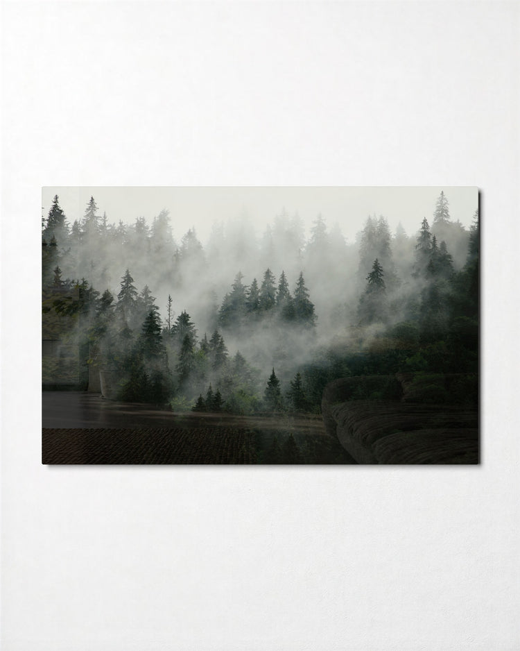 Pines in the Fog glass wall art, front view