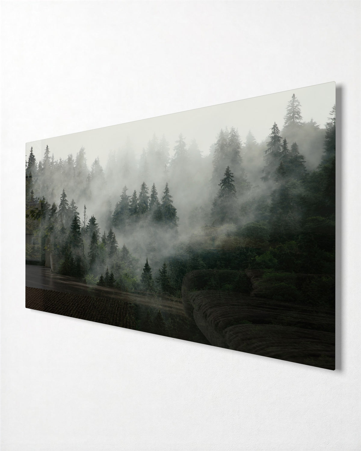 Pines in the Fog glass wall art, side view
