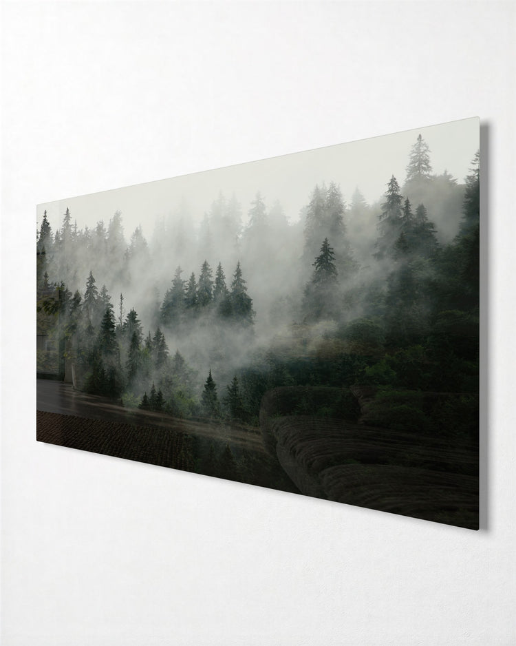 Pines in the Fog glass wall art, side view