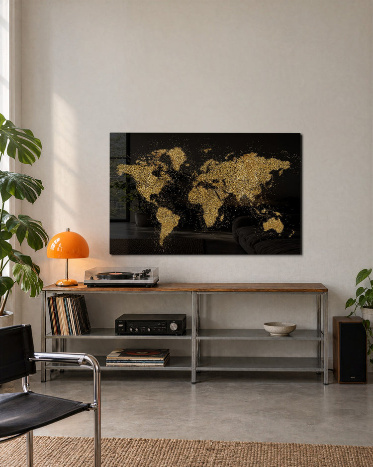 Gold Dust World Map glass wall art, lifestyle view