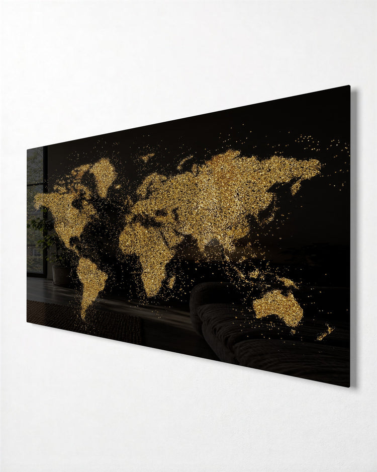 Gold Dust World Map glass wall art, side view