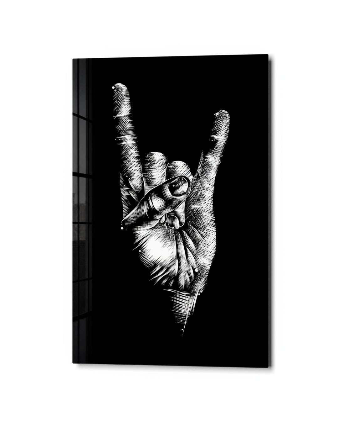 Rock On Hand Sign glass wall art, studio view