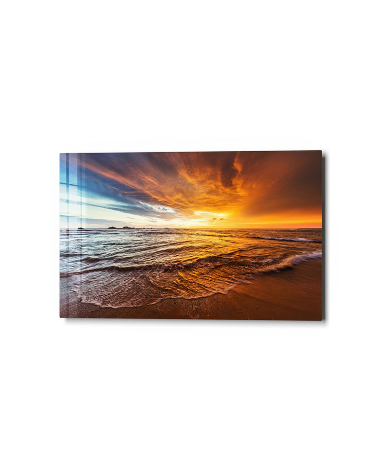 Fiery Sky Over the Shore glass wall art, studio view