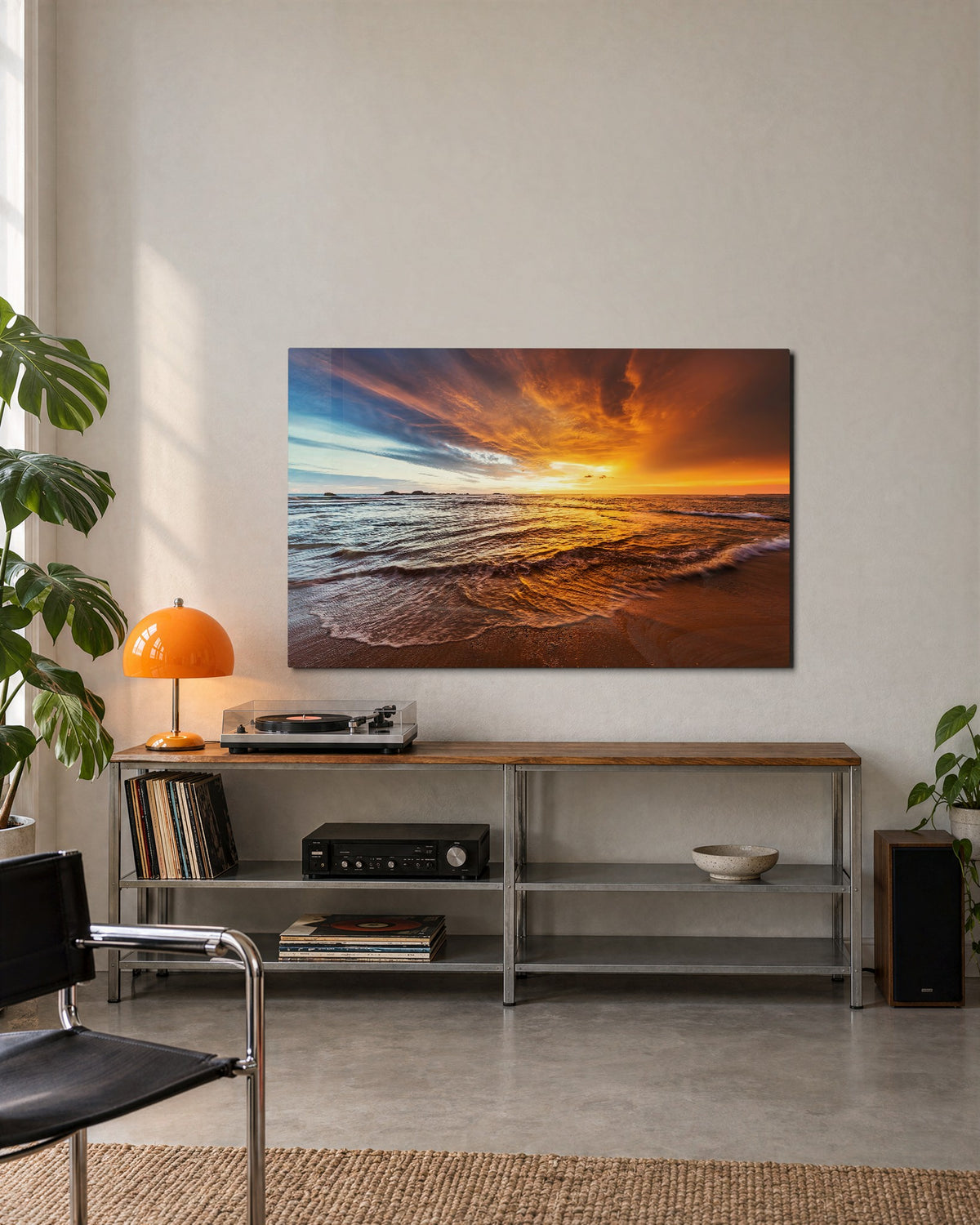 Fiery Sky Over the Shore glass wall art, lifestyle view