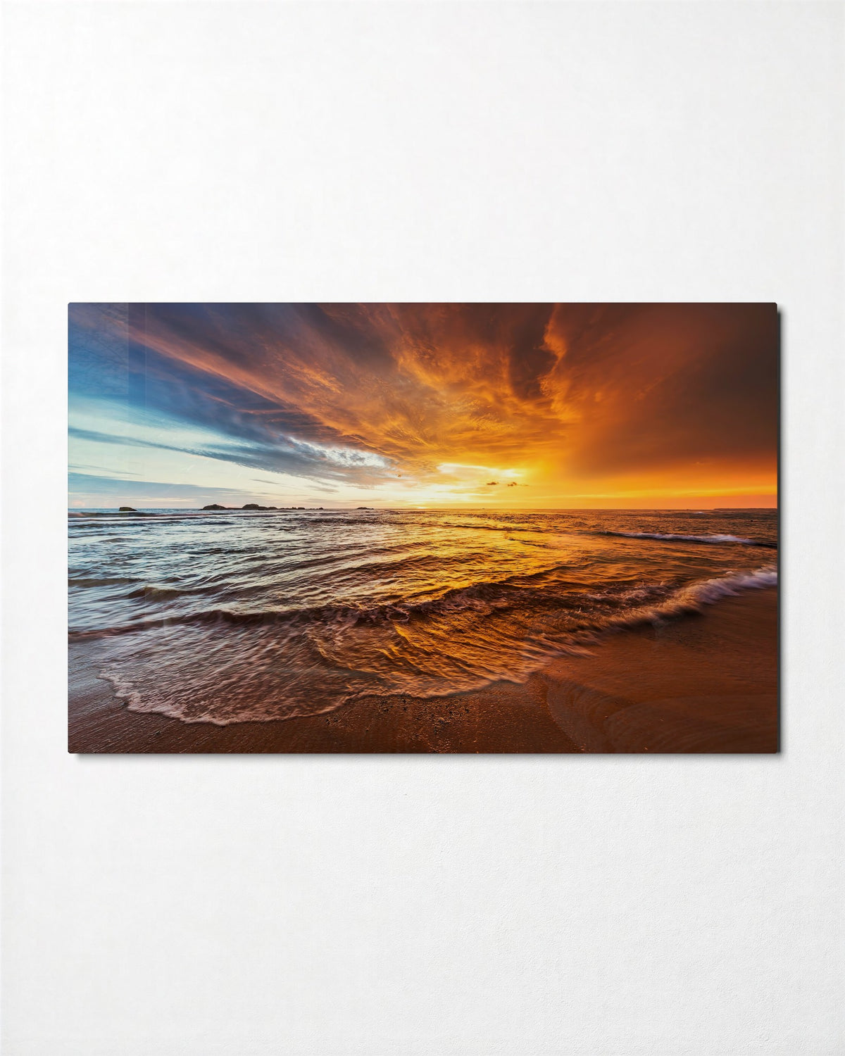 Fiery Sky Over the Shore glass wall art, front view