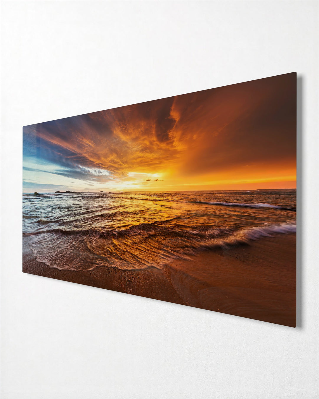 Fiery Sky Over the Shore glass wall art, side view