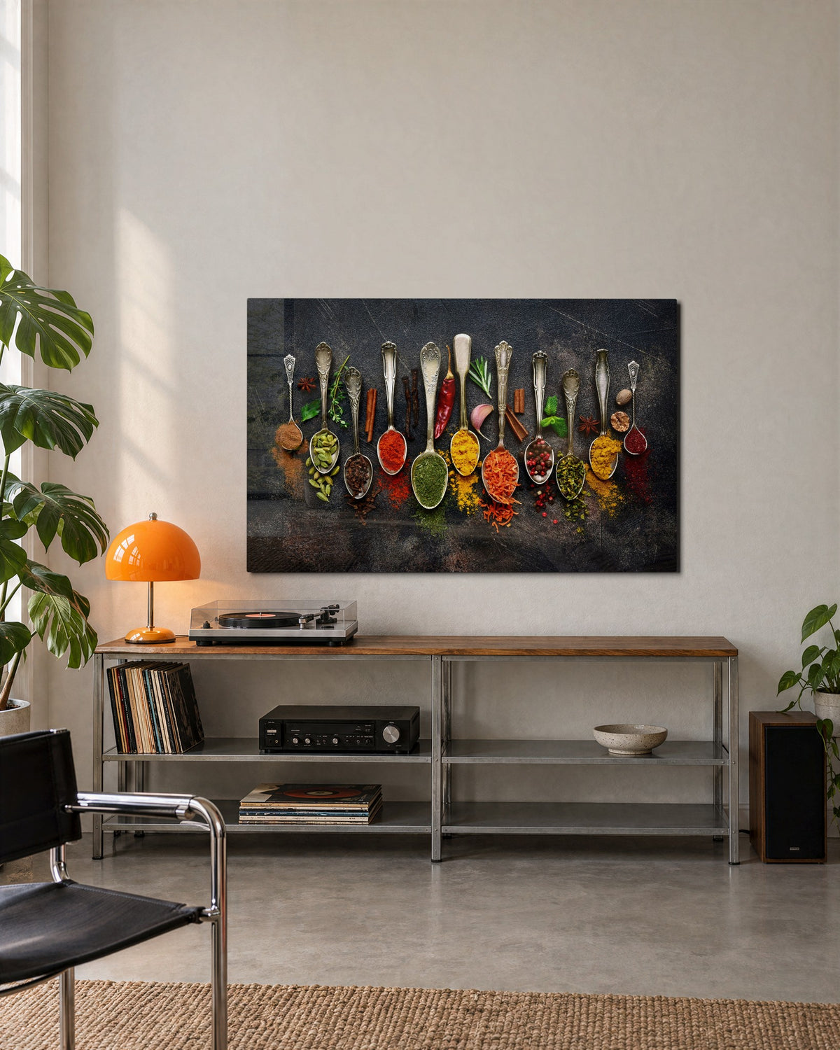 A Row of Spice Spoons glass wall art, lifestyle view