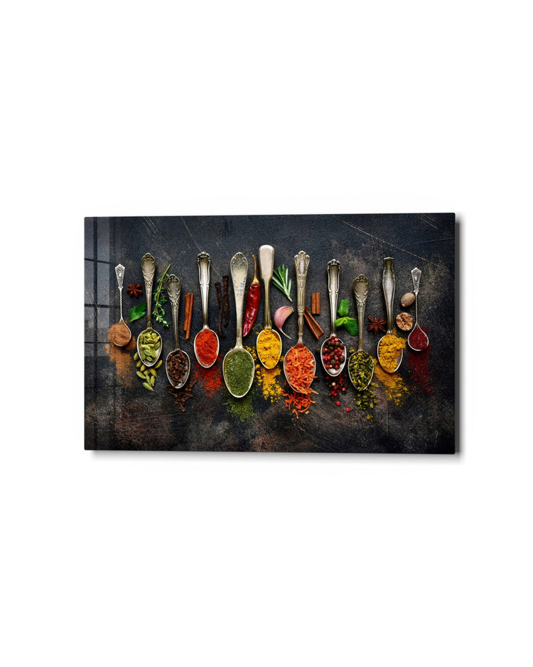 A Row of Spice Spoons glass wall art, studio view