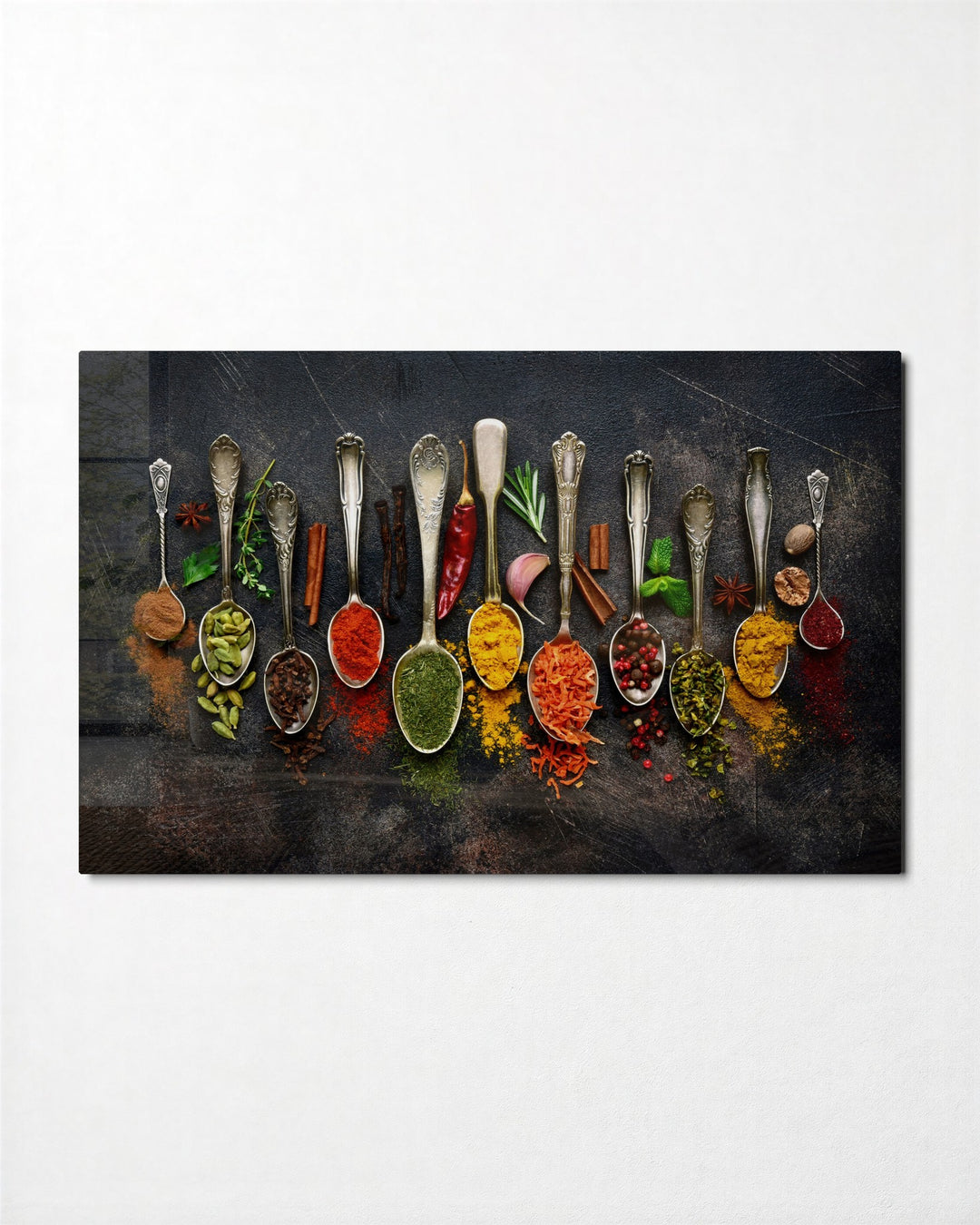 A Row of Spice Spoons glass wall art, front view