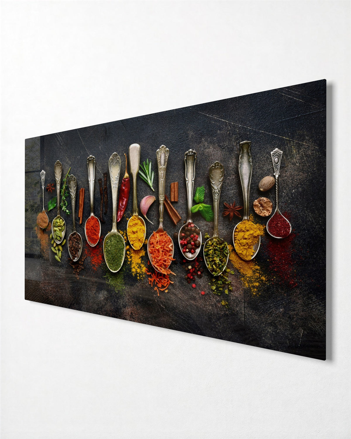 A Row of Spice Spoons glass wall art, side view