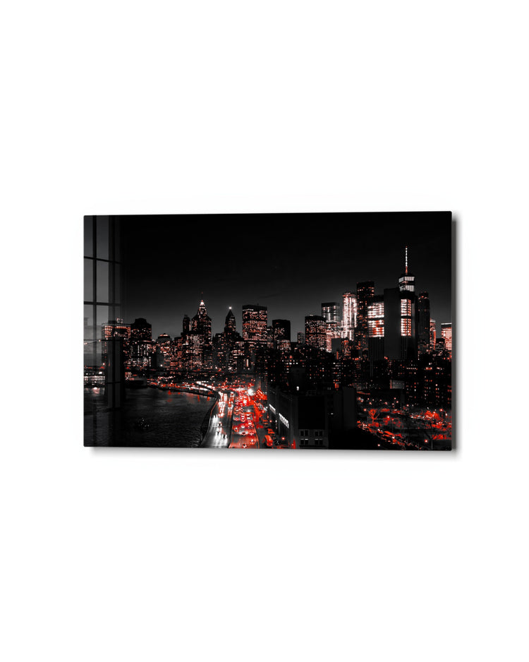 Night Skyline in Red Lights glass wall art, studio view
