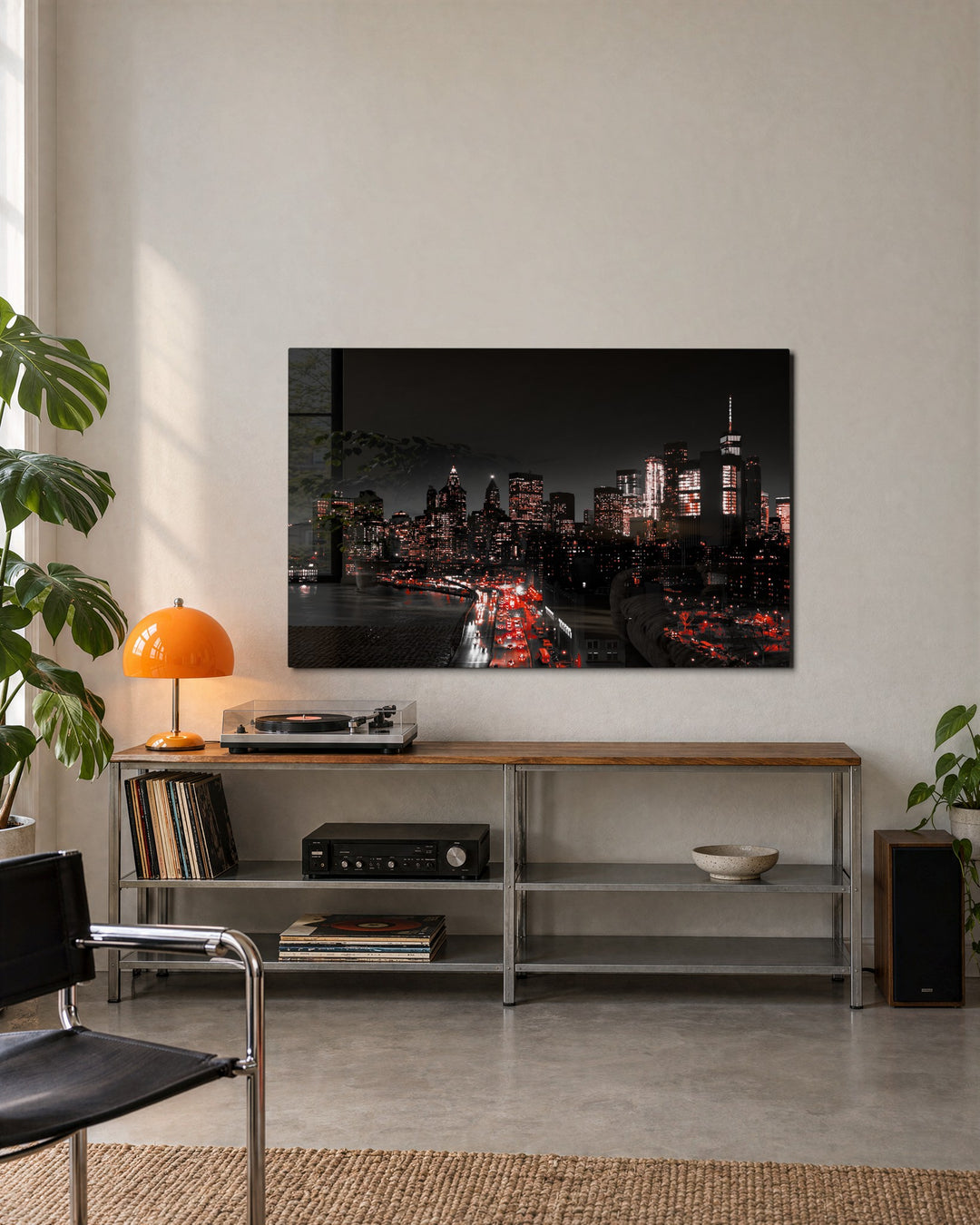 Night Skyline in Red Lights glass wall art, lifestyle view