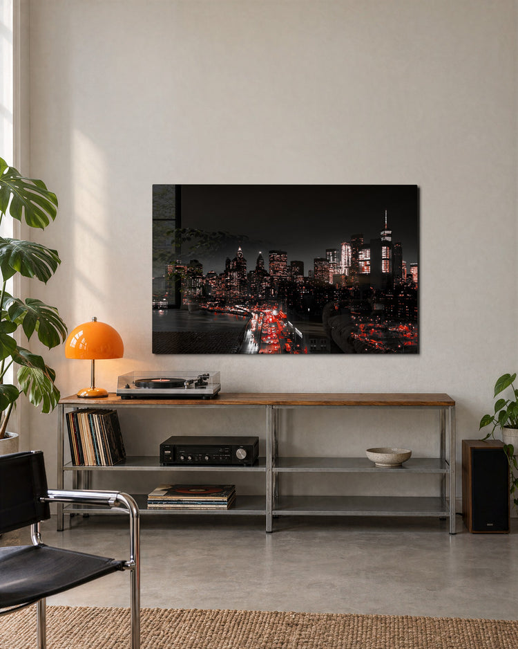 Night Skyline in Red Lights glass wall art, lifestyle view