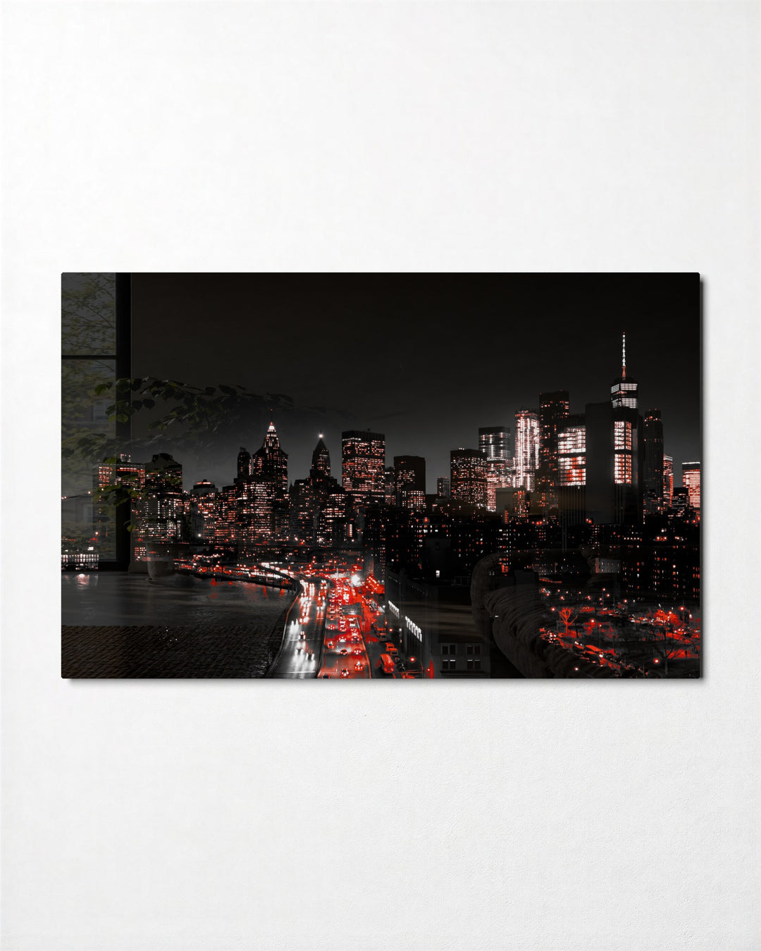 Night Skyline in Red Lights glass wall art, front view