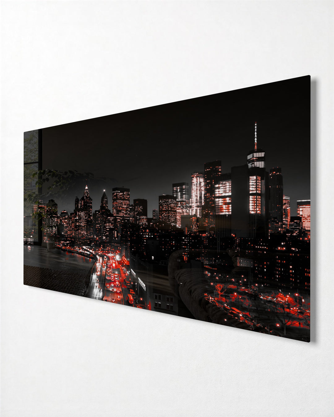 Night Skyline in Red Lights glass wall art, side view