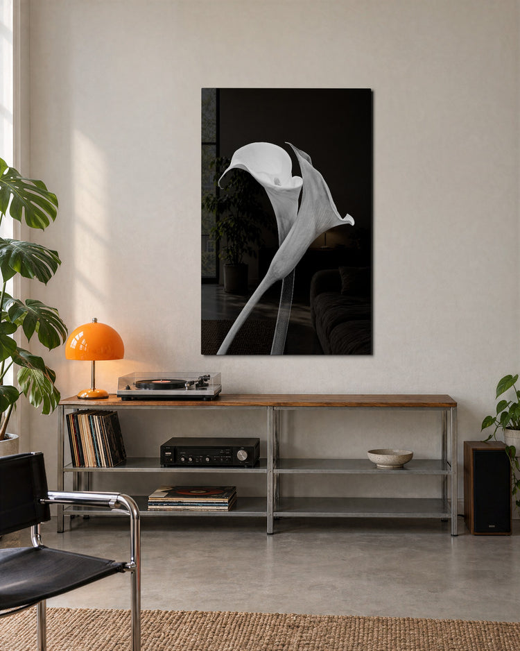 White Calla Lily glass wall art, lifestyle view