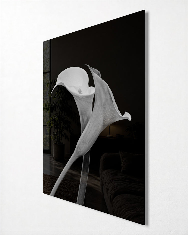 White Calla Lily glass wall art, side view
