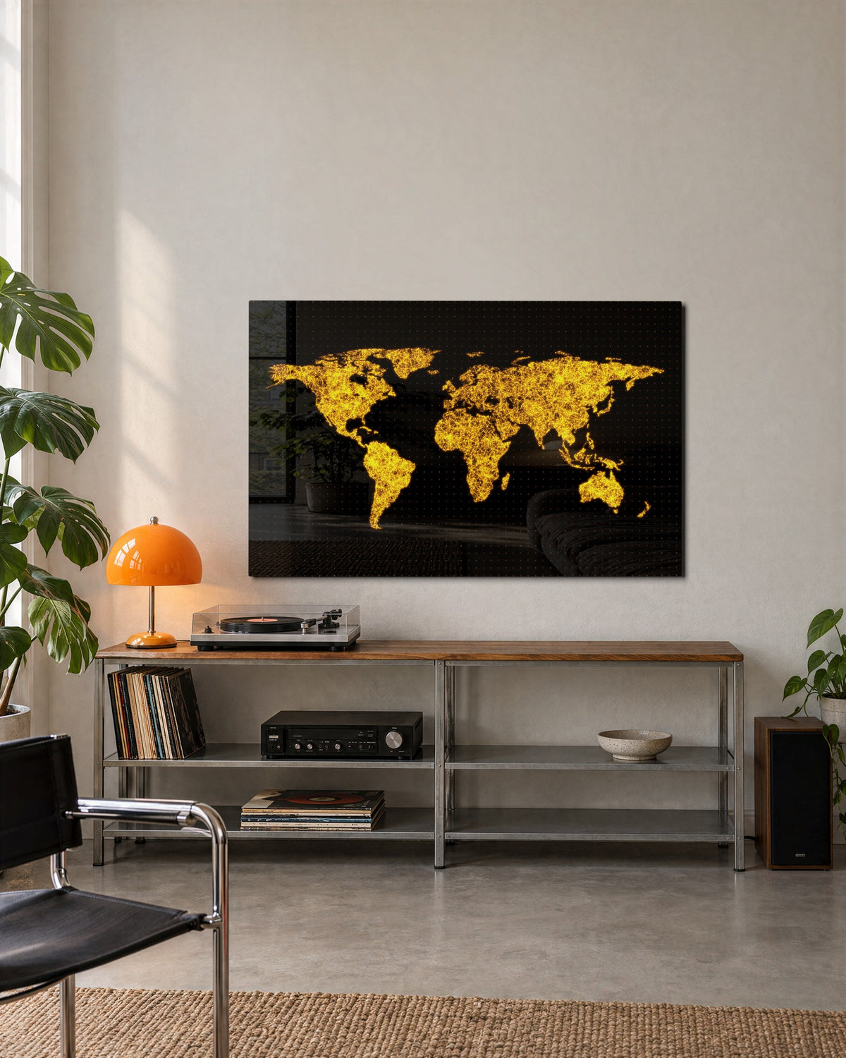 World Map in Lights glass wall art, lifestyle view