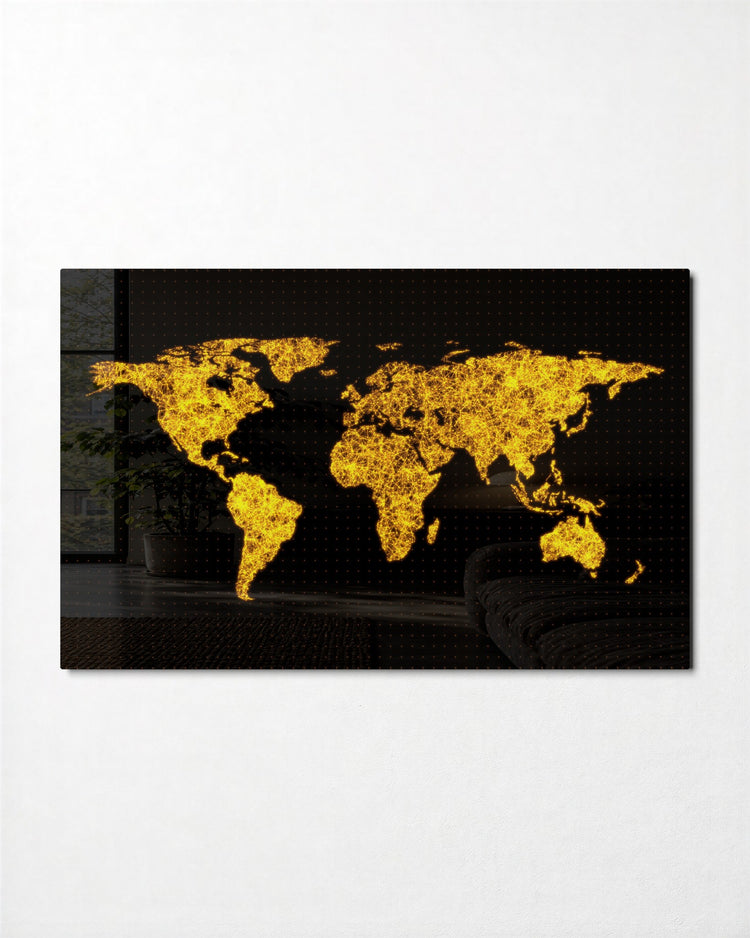 World Map in Lights glass wall art, front view