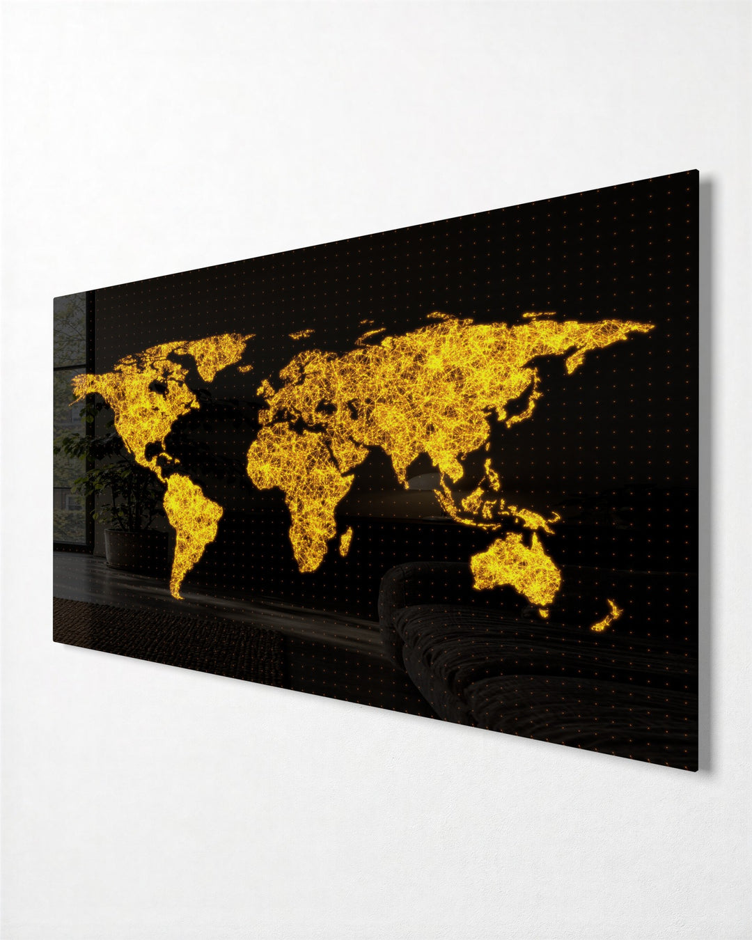 World Map in Lights glass wall art, side view