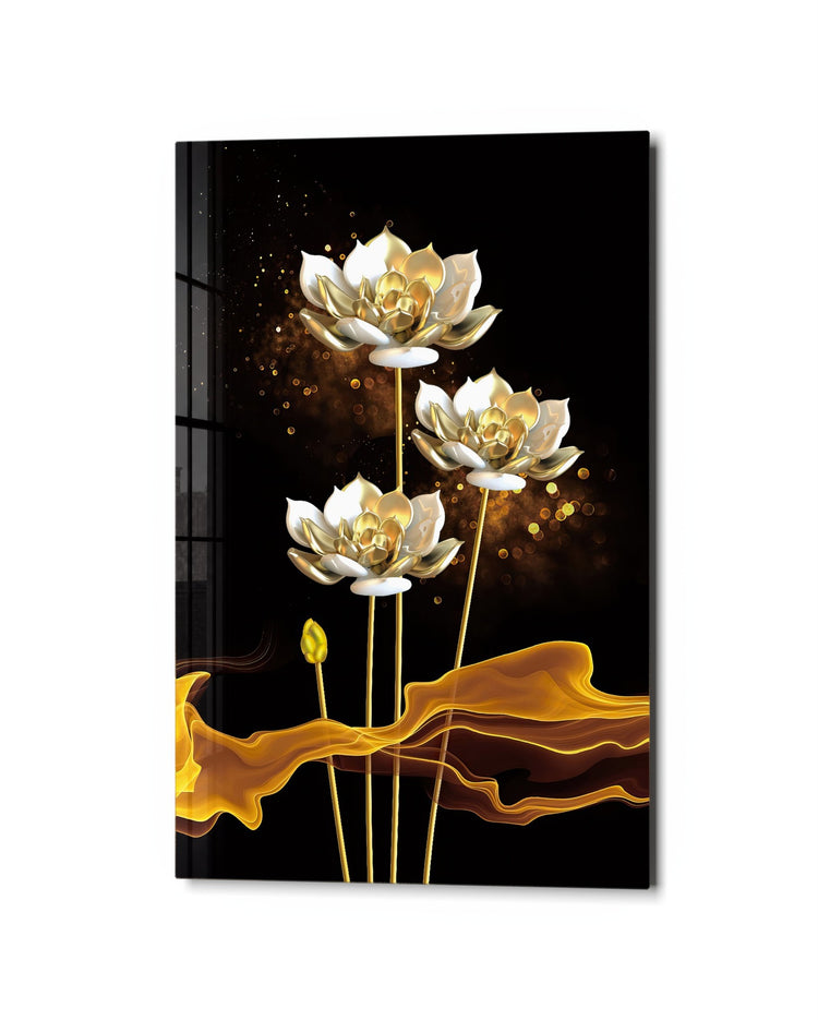 Golden Lotus Trio glass wall art, studio view