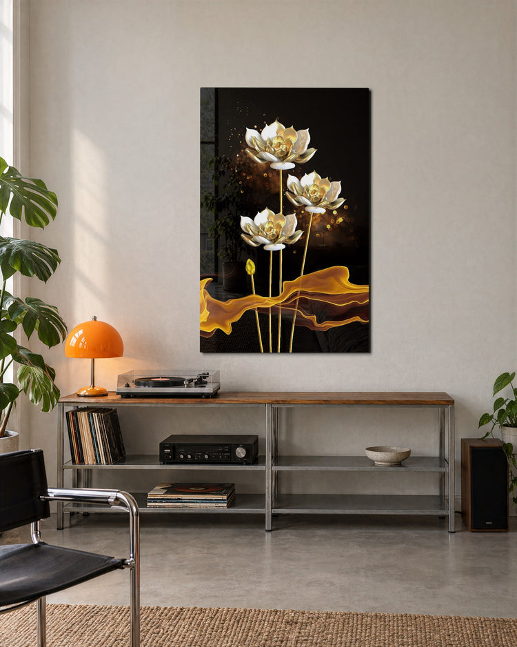 Golden Lotus Trio glass wall art, lifestyle view