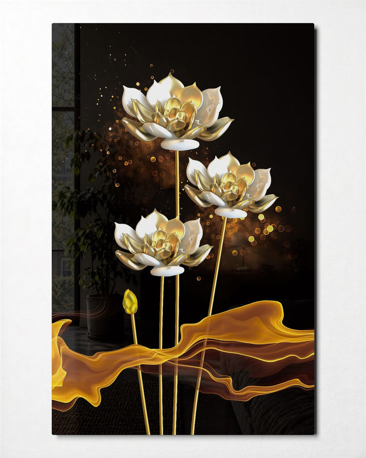 Golden Lotus Trio glass wall art, front view