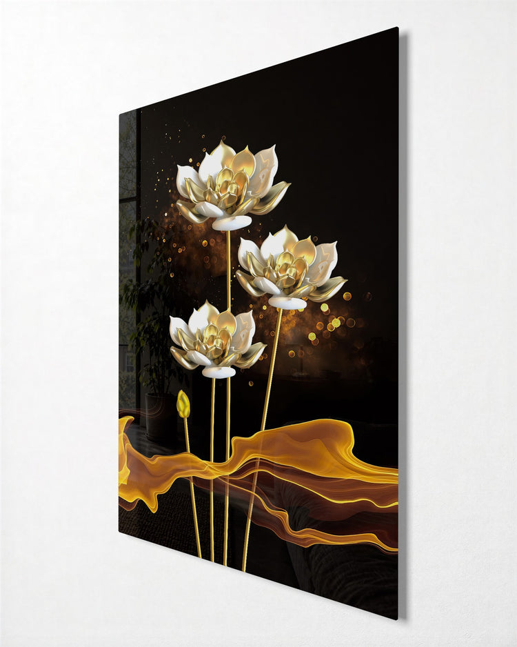 Golden Lotus Trio glass wall art, side view
