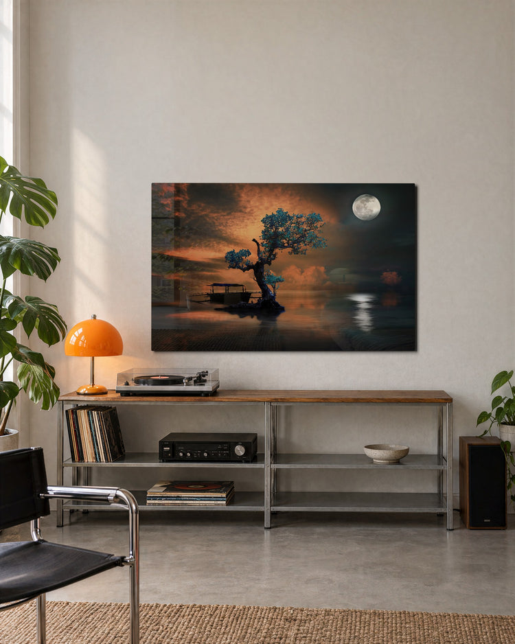Moonrise Over the Lone Tree glass wall art, lifestyle view