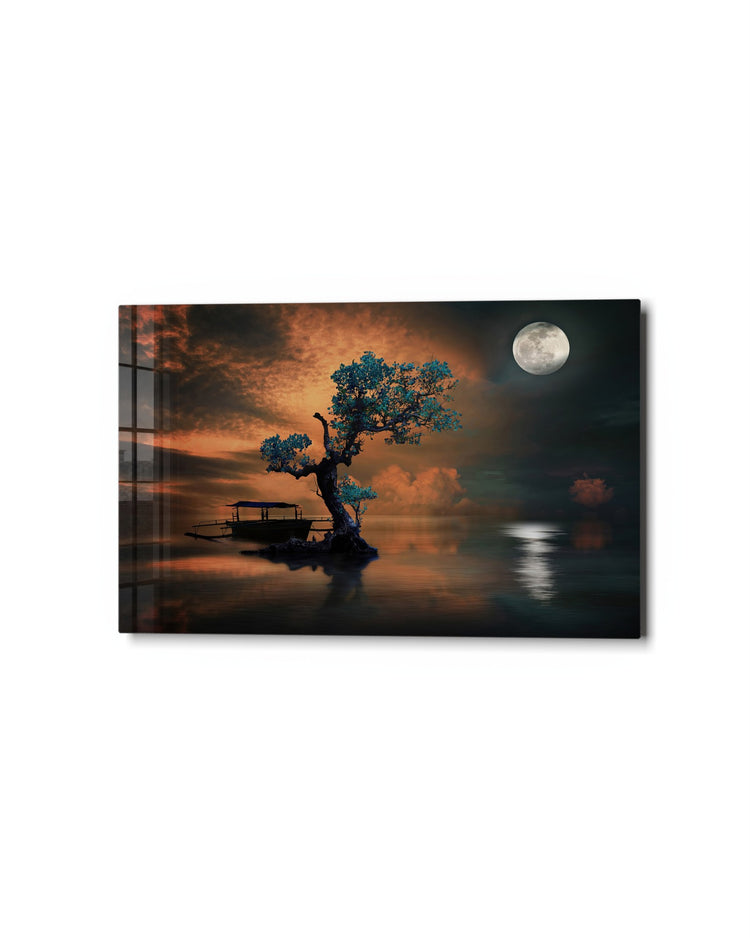 Moonrise Over the Lone Tree glass wall art, studio view