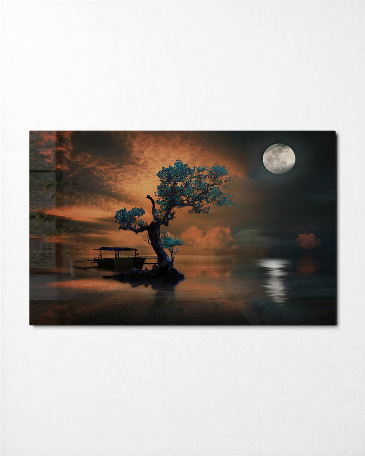 Moonrise Over the Lone Tree glass wall art, front view