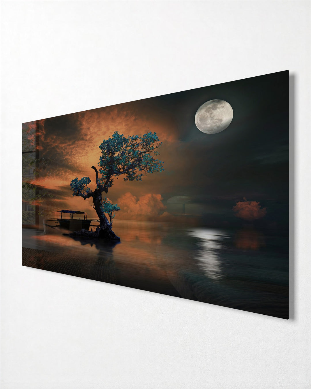 Moonrise Over the Lone Tree glass wall art, side view