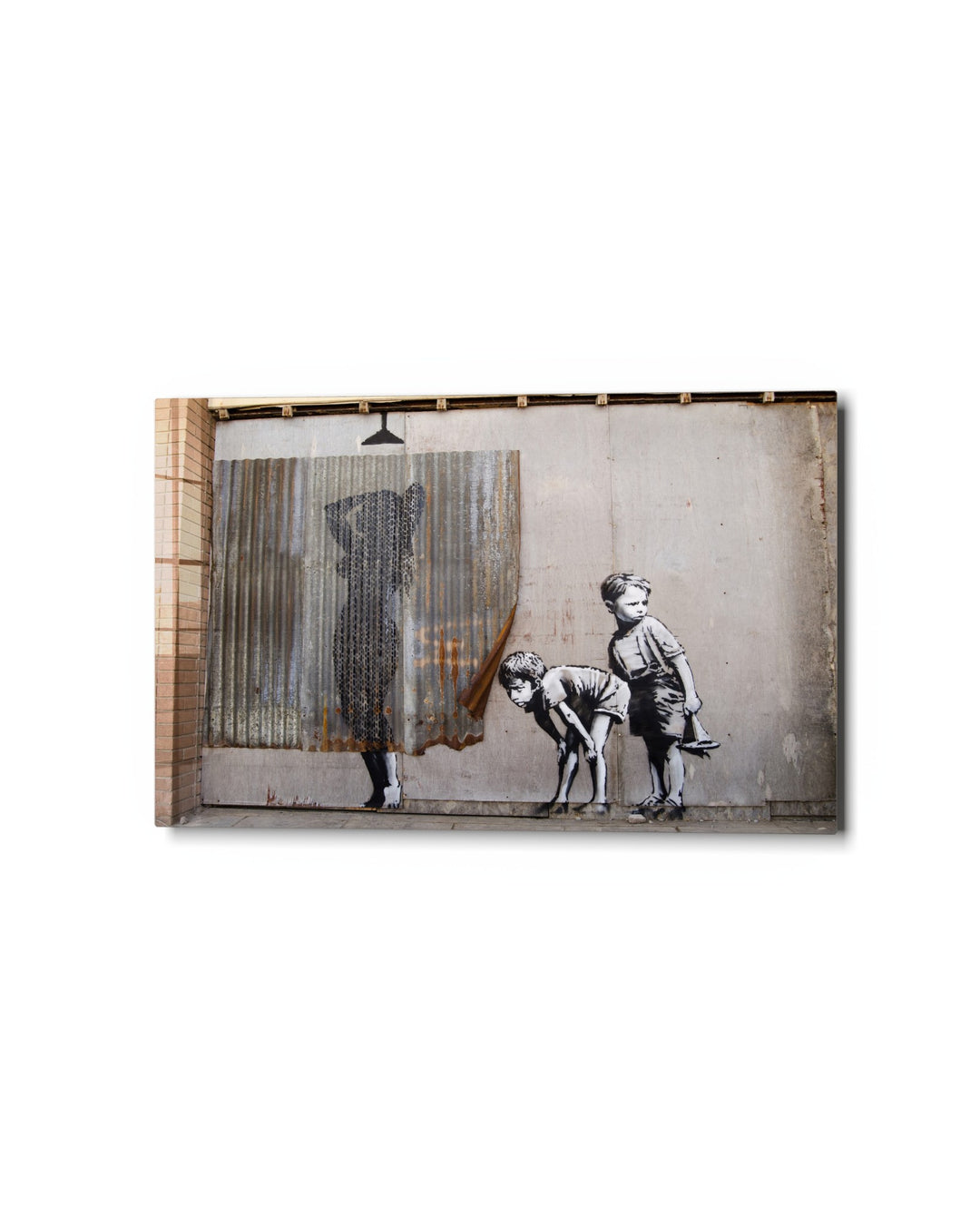 Two Boys Peeking Behind glass wall art, studio view