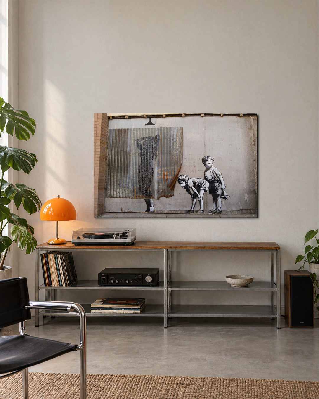 Two Boys Peeking Behind glass wall art, lifestyle view