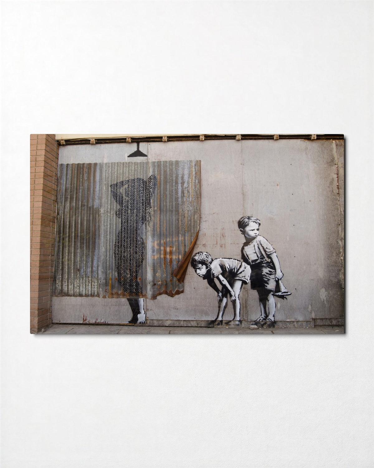 Two Boys Peeking Behind glass wall art, front view