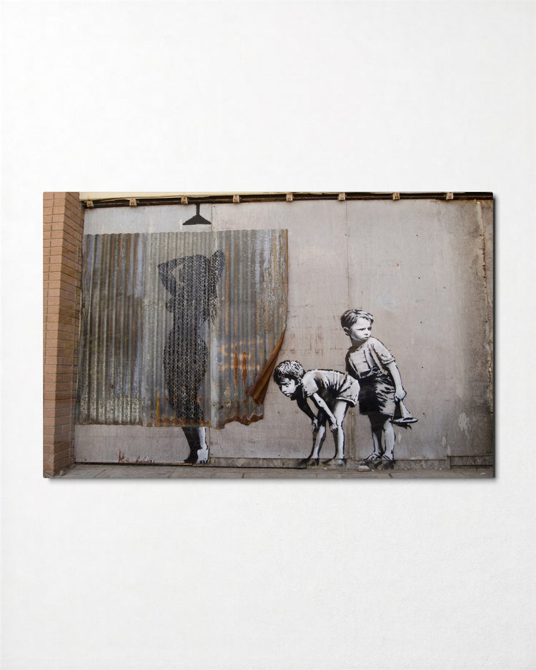 Two Boys Peeking Behind glass wall art, front view