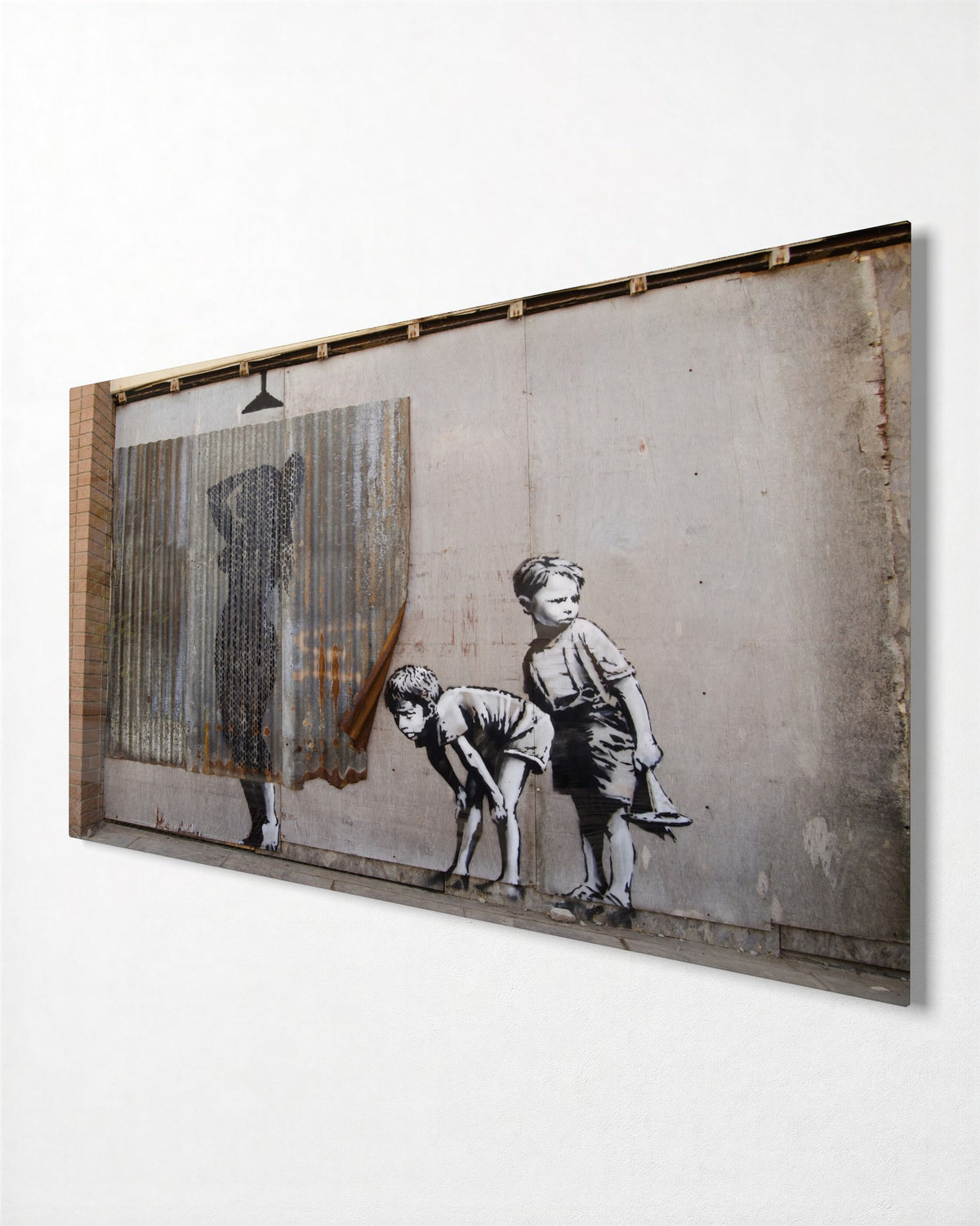 Two Boys Peeking Behind glass wall art, side view