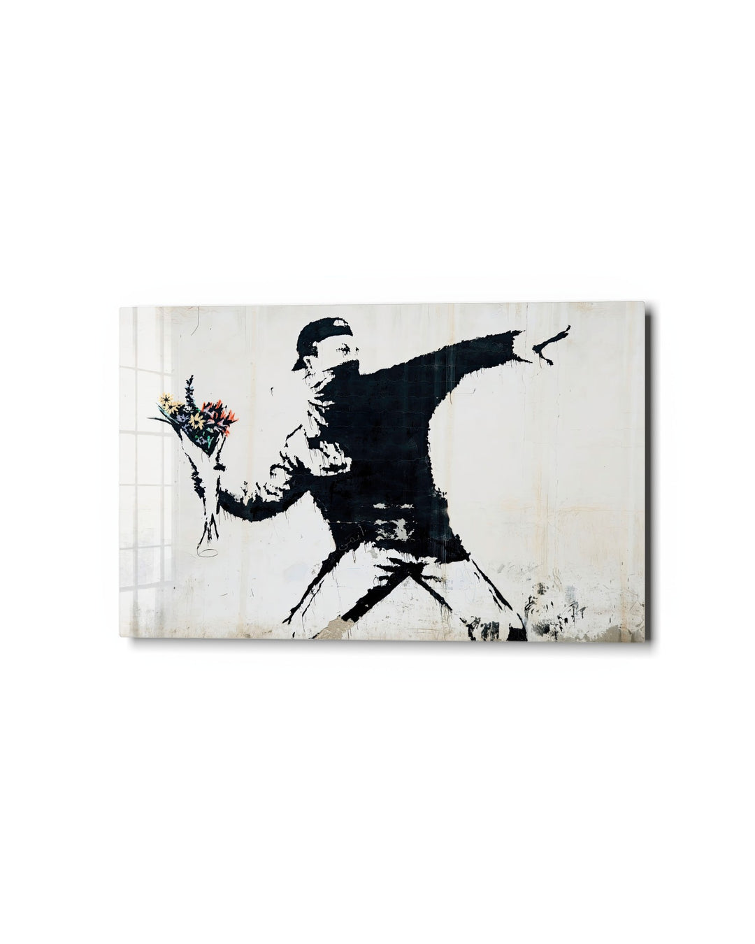 Rioter Throwing Flowers glass wall art, studio view