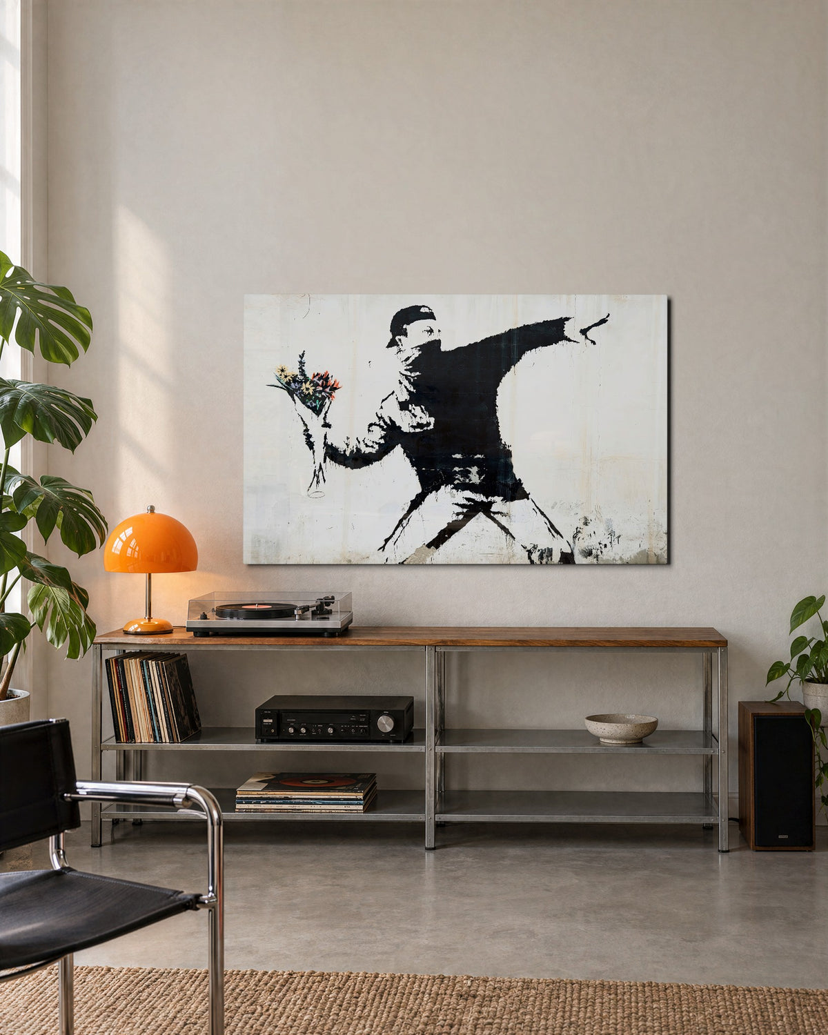 Rioter Throwing Flowers glass wall art, lifestyle view