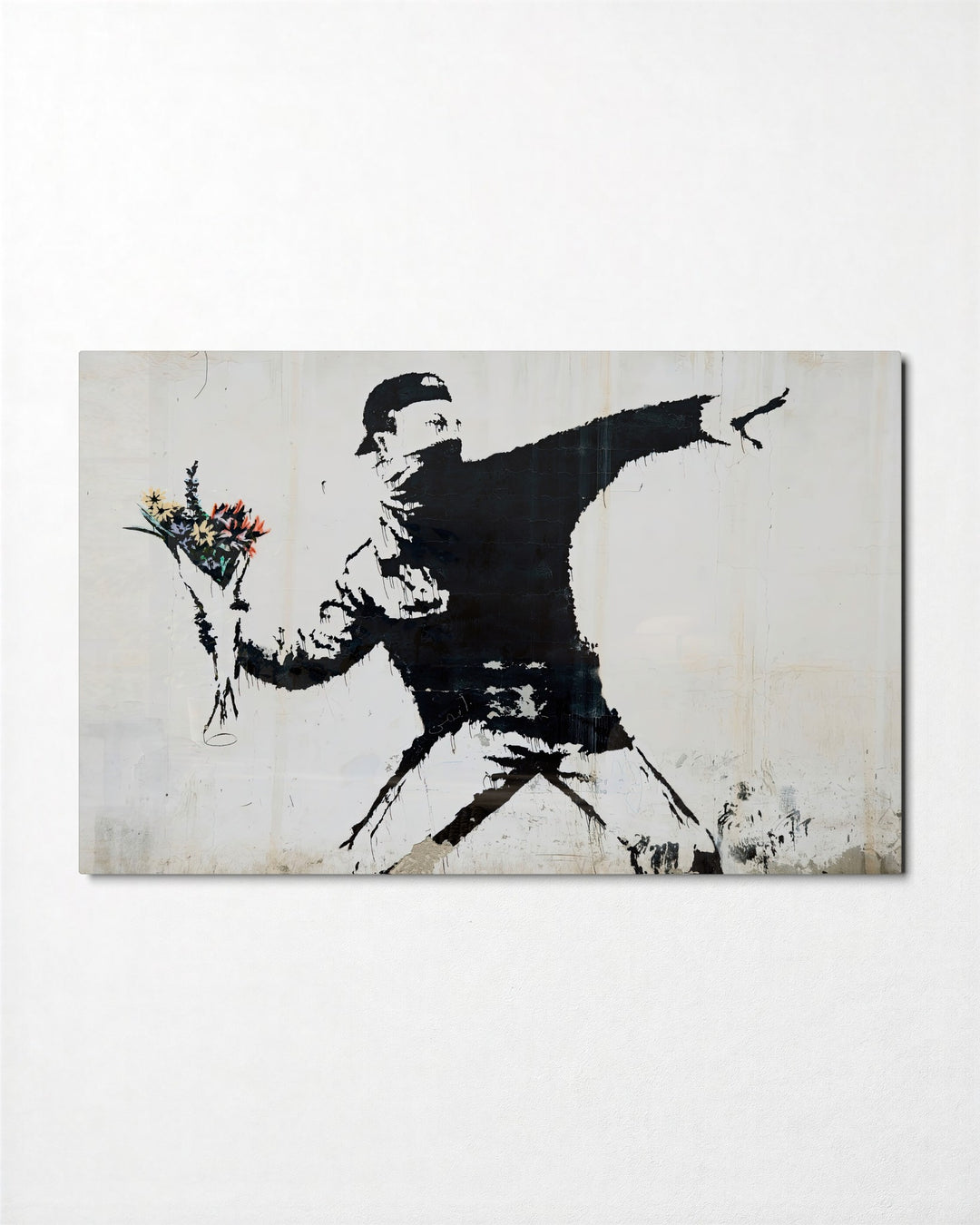 Rioter Throwing Flowers glass wall art, front view