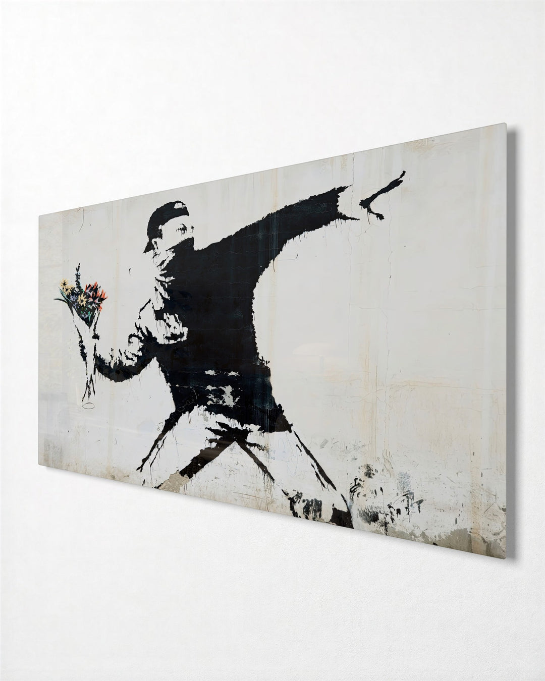Rioter Throwing Flowers glass wall art, side view
