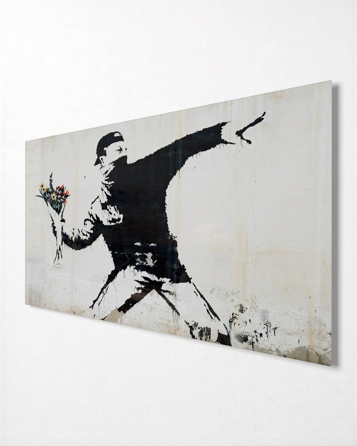Rioter Throwing Flowers glass wall art, side view