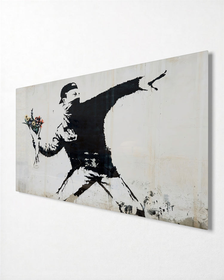 Rioter Throwing Flowers glass wall art, side view