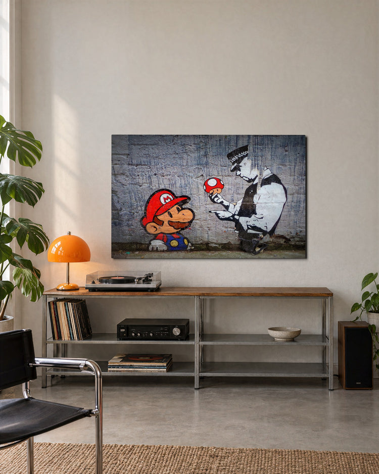 Plumber and the Cop glass wall art, lifestyle view